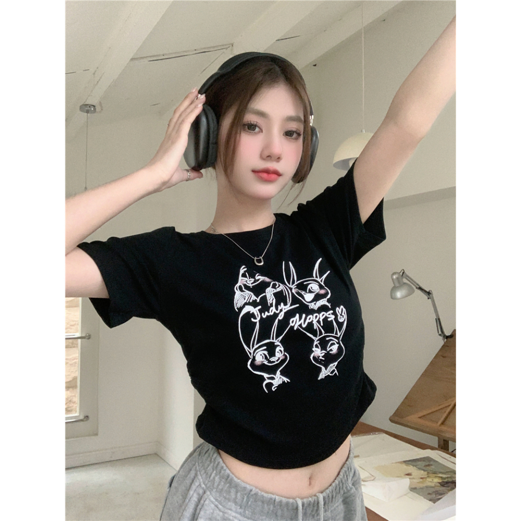 Lalisas Áo Croptop Xếp Ly Ôm Dáng Tay Cộc Thiết Kế Không Đều In Hình Thỏ Thời Trang Quyến Rũ Cho Nữ
