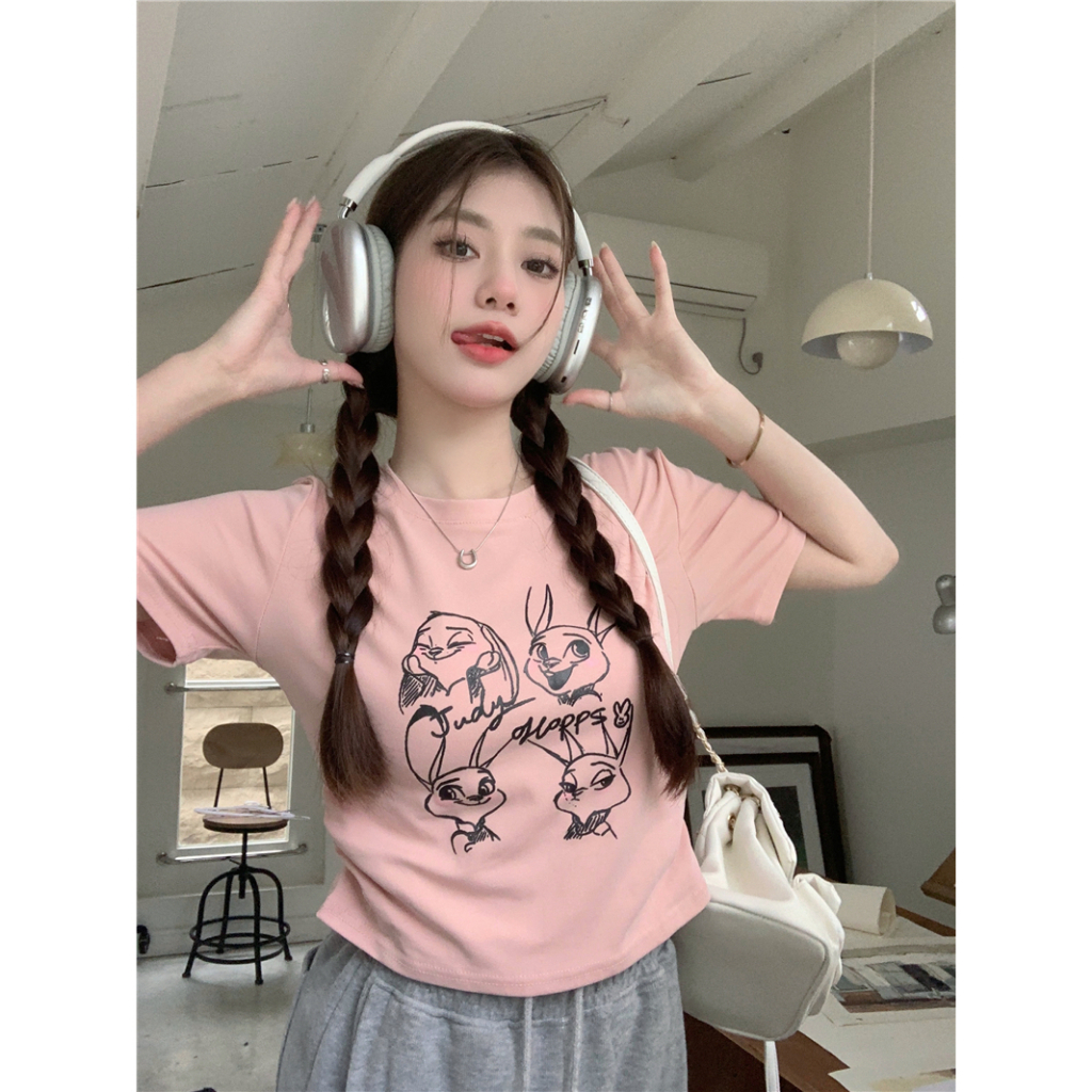 Lalisas Áo Croptop Xếp Ly Ôm Dáng Tay Cộc Thiết Kế Không Đều In Hình Thỏ Thời Trang Quyến Rũ Cho Nữ