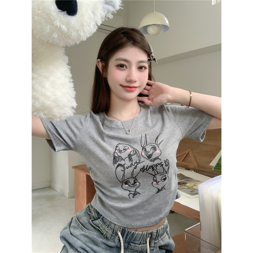 Lalisas Áo Croptop Xếp Ly Ôm Dáng Tay Cộc Thiết Kế Không Đều In Hình Thỏ Thời Trang Quyến Rũ Cho Nữ