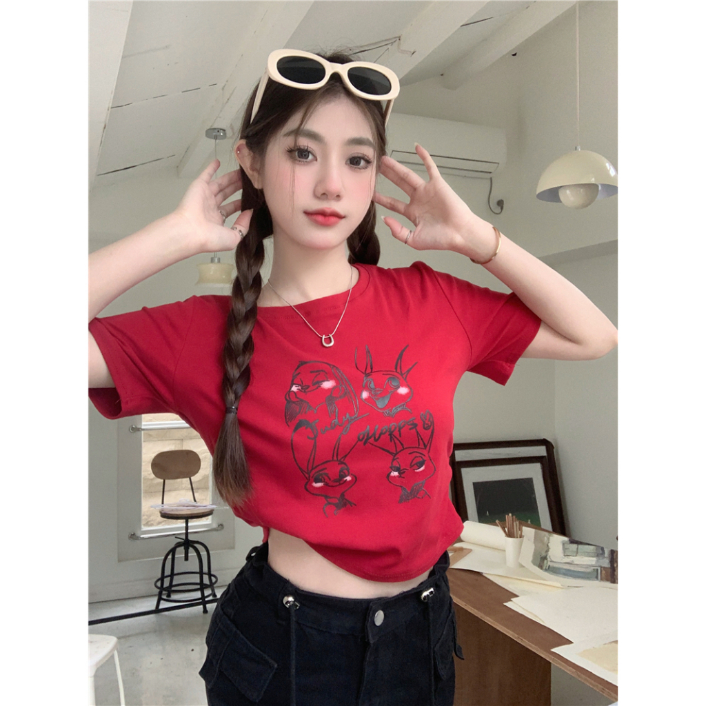 Lalisas Áo Croptop Xếp Ly Ôm Dáng Tay Cộc Thiết Kế Không Đều In Hình Thỏ Thời Trang Quyến Rũ Cho Nữ