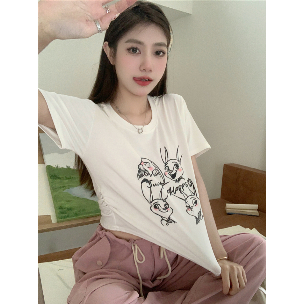 Lalisas Áo Croptop Xếp Ly Ôm Dáng Tay Cộc Thiết Kế Không Đều In Hình Thỏ Thời Trang Quyến Rũ Cho Nữ