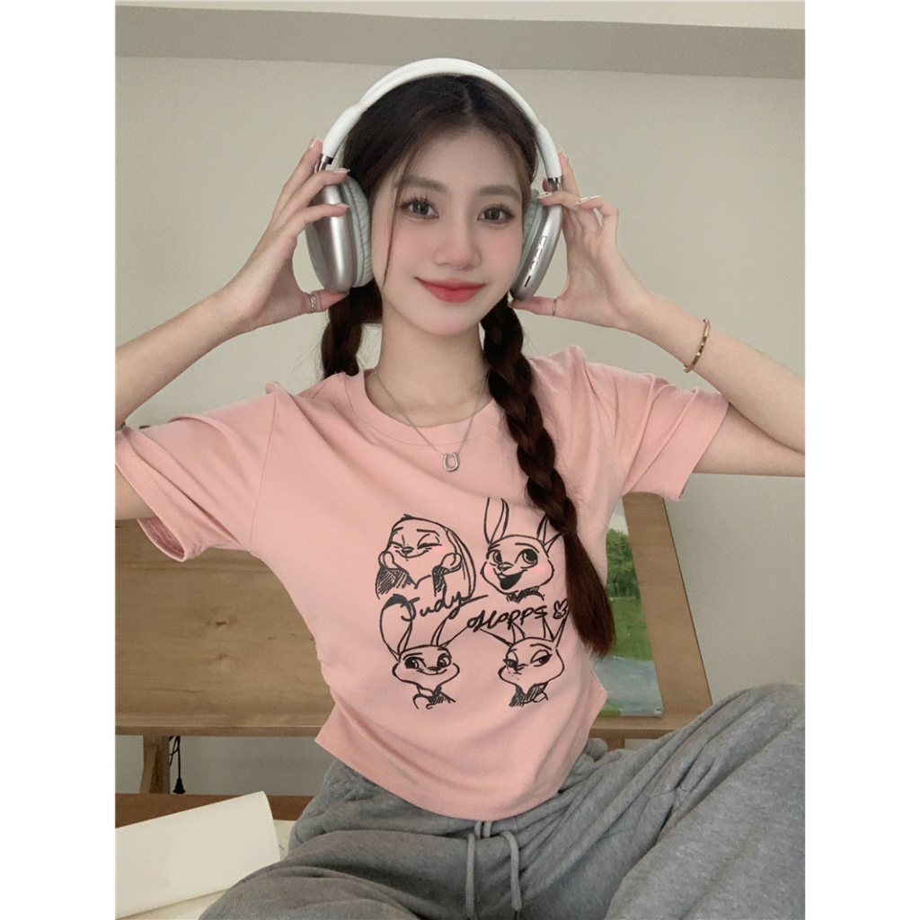 Lalisas Áo Croptop Xếp Ly Ôm Dáng Tay Cộc Thiết Kế Không Đều In Hình Thỏ Thời Trang Quyến Rũ Cho Nữ