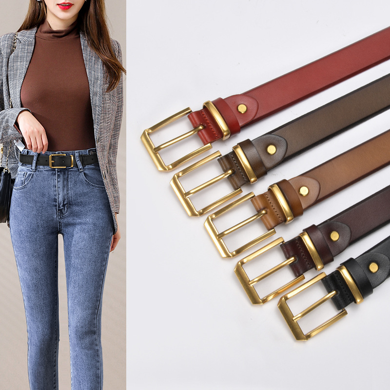 Thắt Lưng Da Bò Phối Khóa Vàng Phong Cách retro Thời Trang Cho Nữ