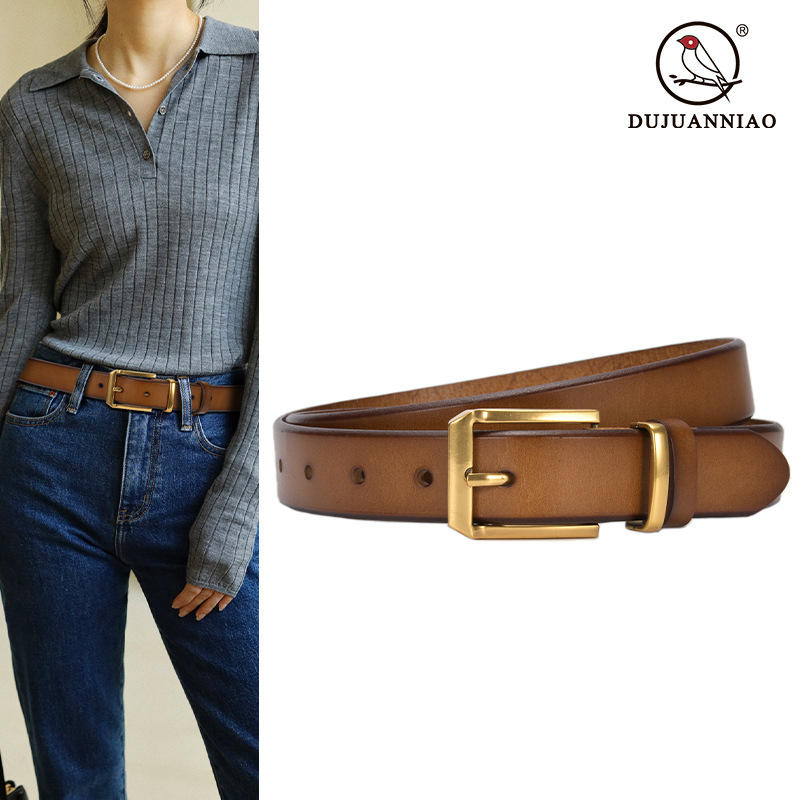 Thắt Lưng Da Bò Phối Khóa Vàng Phong Cách retro Thời Trang Cho Nữ