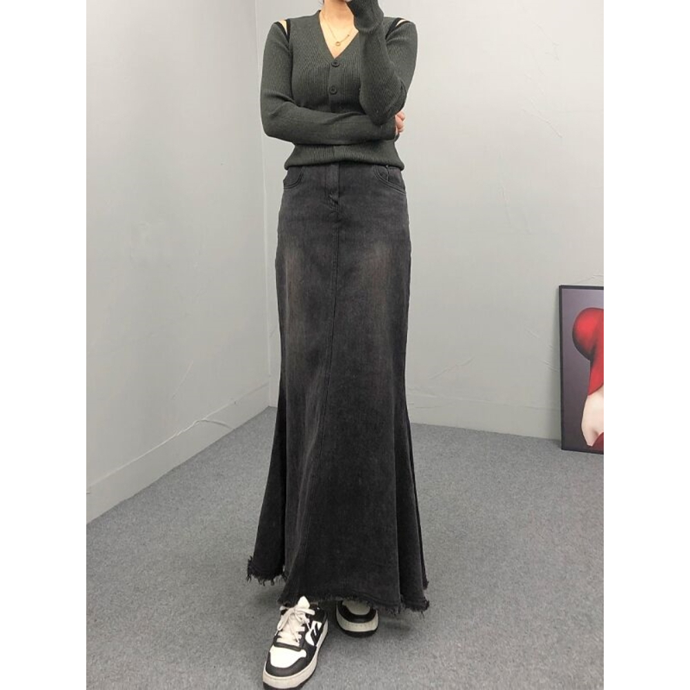 Chân Váy Jean Đuôi Cá Lưng Cao Phong Cách Vintage