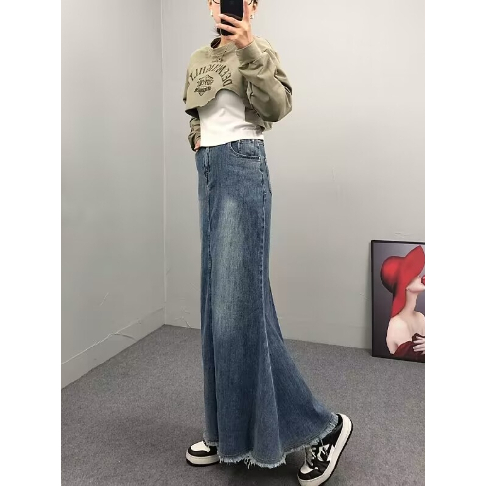 Chân Váy Jean Đuôi Cá Lưng Cao Phong Cách Vintage