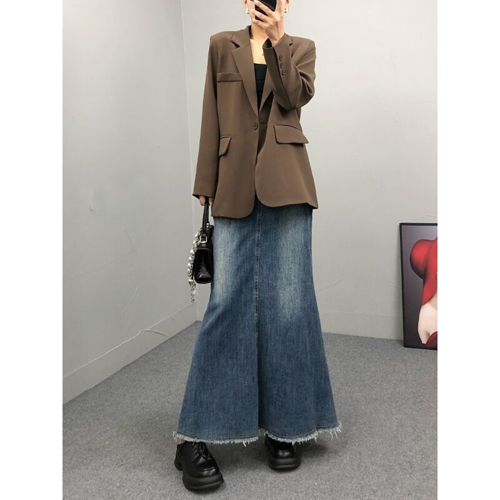 Chân Váy Jean Đuôi Cá Lưng Cao Phong Cách Vintage