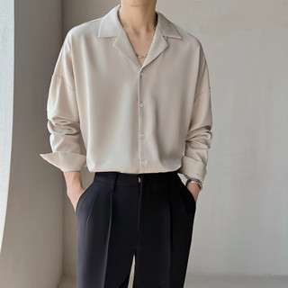 Mùa hè cuba cổ băng lụa drape áo sơ mi nam cao cấp rời áo sơ mi dài tay nhẹ phong cách trưởng thành mỏng phong cách inch áo sơ mi phong cách thoáng tính áo sơ mi cổ cuba phong cách nam