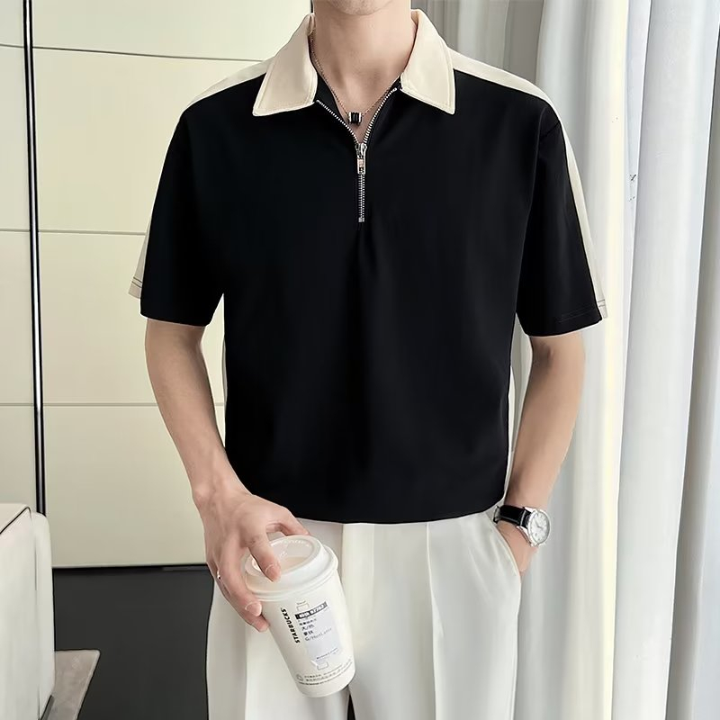 High-end summer ins street wear half zipper short-sleeved polo shirt men trendy veel t-shirt 2023 men's half-sleeved top