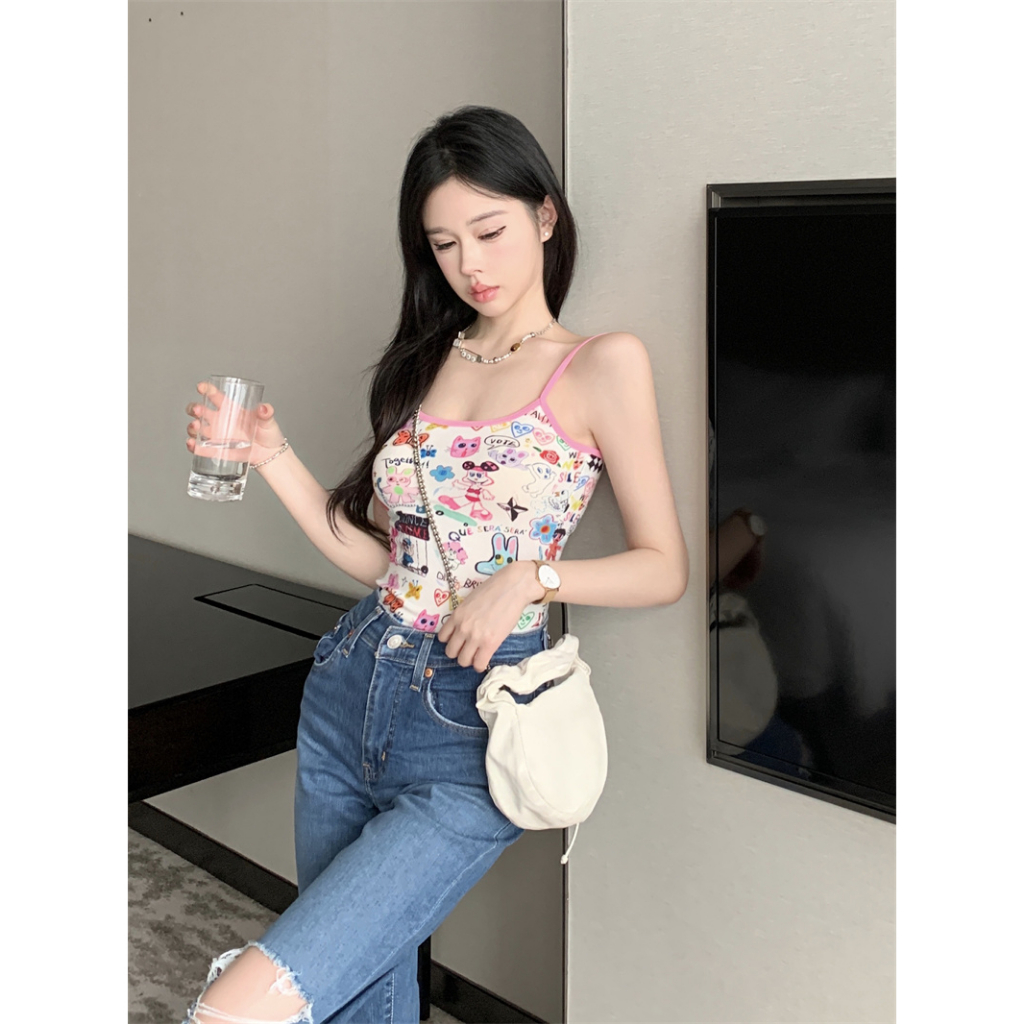 QADCOL Áo Hai Dây Dáng Ngắn Ôm Sát In Họa Tiết graffiti Hoạt Hình Thời Trang Mùa Hè Dành Cho Nữ