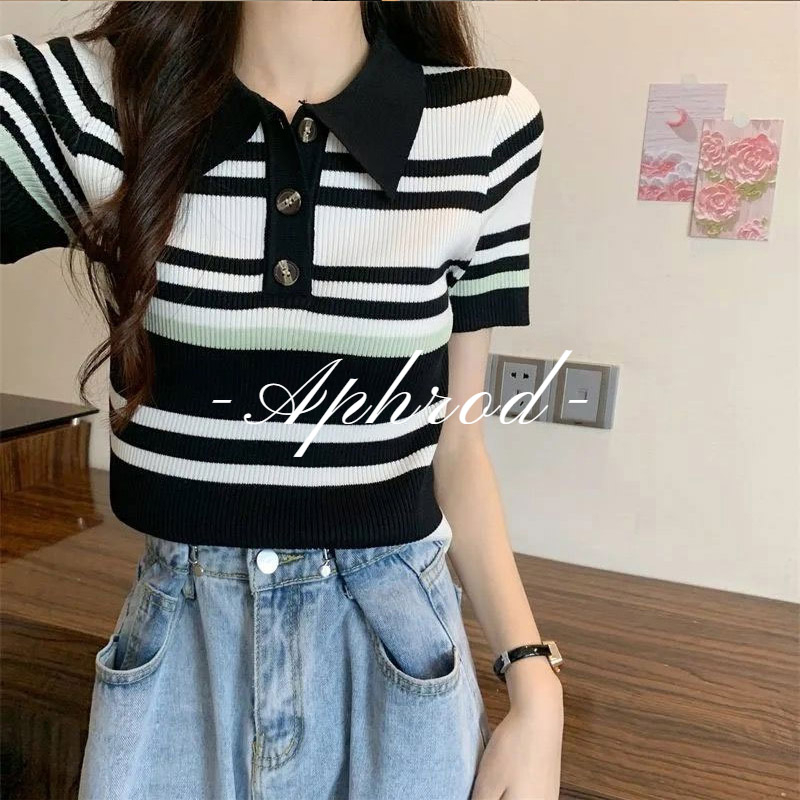 Áo polo Ngắn Tay Họa Tiết Sọc Ngang Thời Trang Dành Cho Nữ