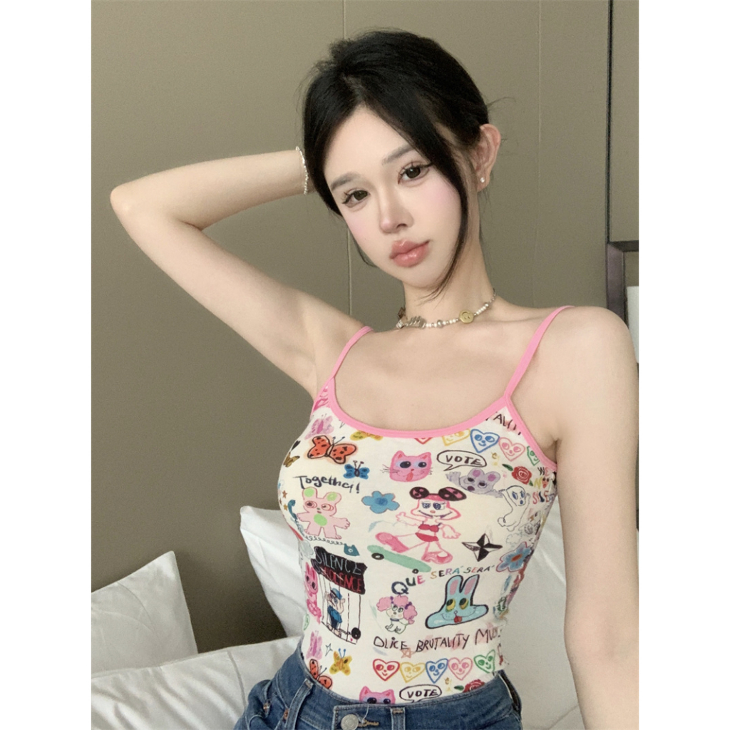 QADCOL Áo Hai Dây Dáng Ngắn Ôm Sát In Họa Tiết graffiti Hoạt Hình Thời Trang Mùa Hè Dành Cho Nữ