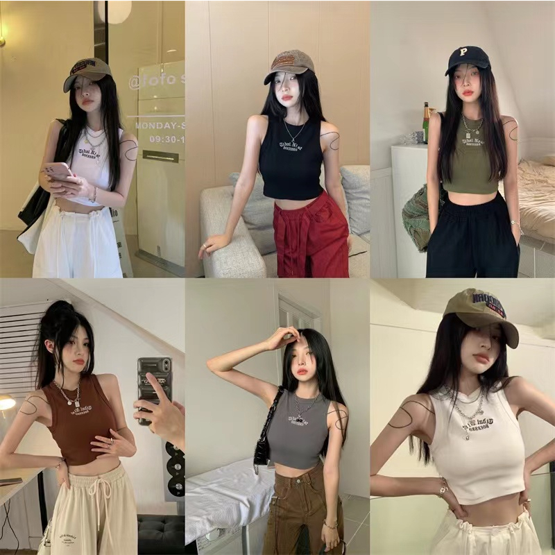 QADCOL Áo Croptop Không Tay Thêu Chữ Phong Cách Âu Mỹ Thời Trang Mùa Hè Cho Nữ