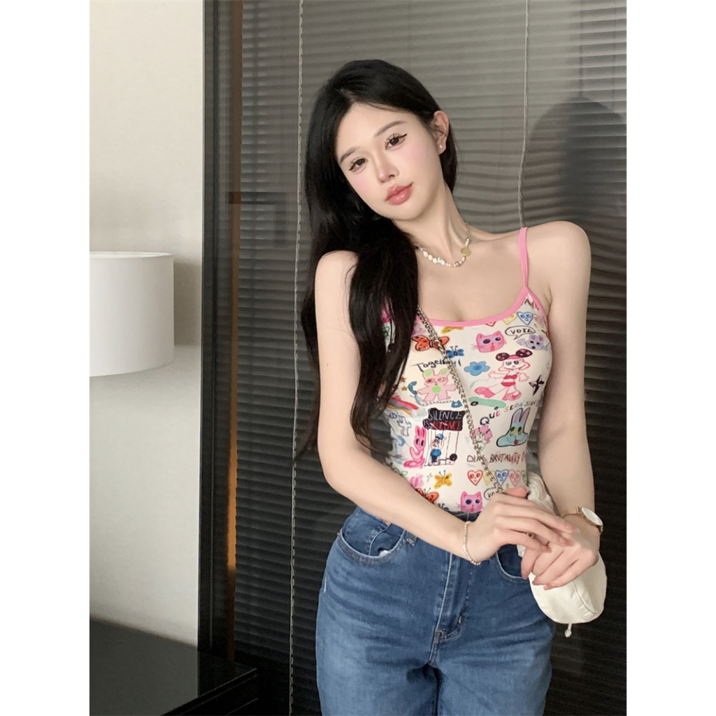 QADCOL Áo Hai Dây Dáng Ngắn Ôm Sát In Họa Tiết graffiti Hoạt Hình Thời Trang Mùa Hè Dành Cho Nữ