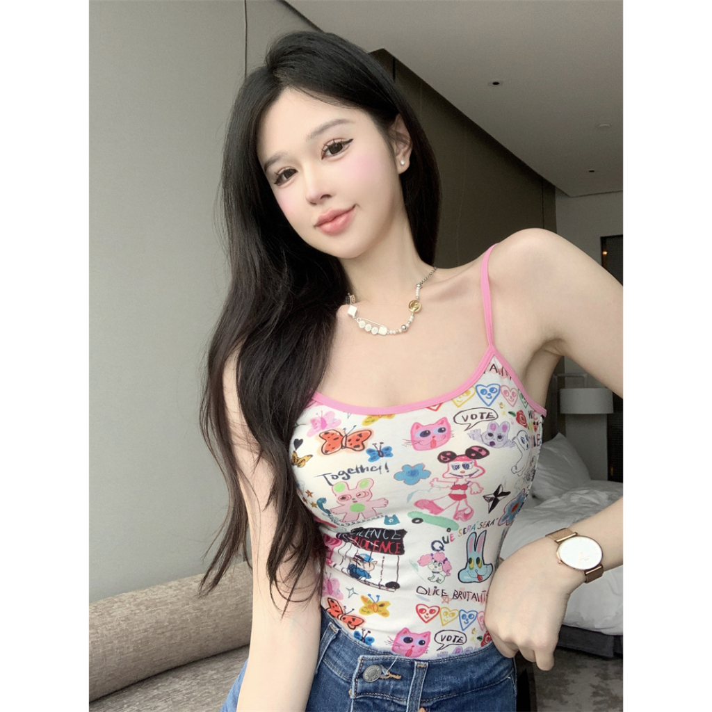 QADCOL Áo Hai Dây Dáng Ngắn Ôm Sát In Họa Tiết graffiti Hoạt Hình Thời Trang Mùa Hè Dành Cho Nữ