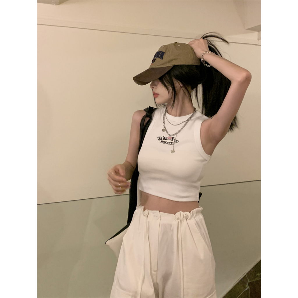 QADCOL Áo Croptop Không Tay Thêu Chữ Phong Cách Âu Mỹ Thời Trang Mùa Hè Cho Nữ