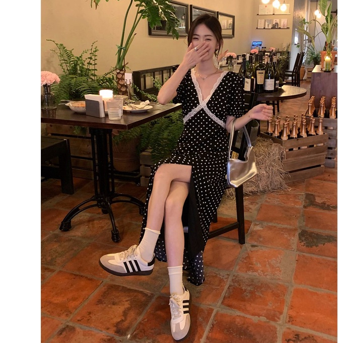 「Nonfatgirl」Đầm Cổ Chữ V Viền Ren Xẻ Tà Cao Họa Tiết Chấm Bi Phong Cách Pháp Cho Nữ