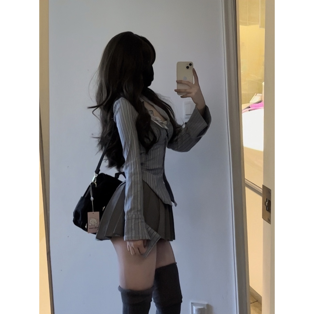 Set Áo Sơ Mi Kẻ Sọc Dài Tay - Áo Sơ Mi + Chân Váy Xếp Ly Mỏng Thường Ngày Cho Nữ