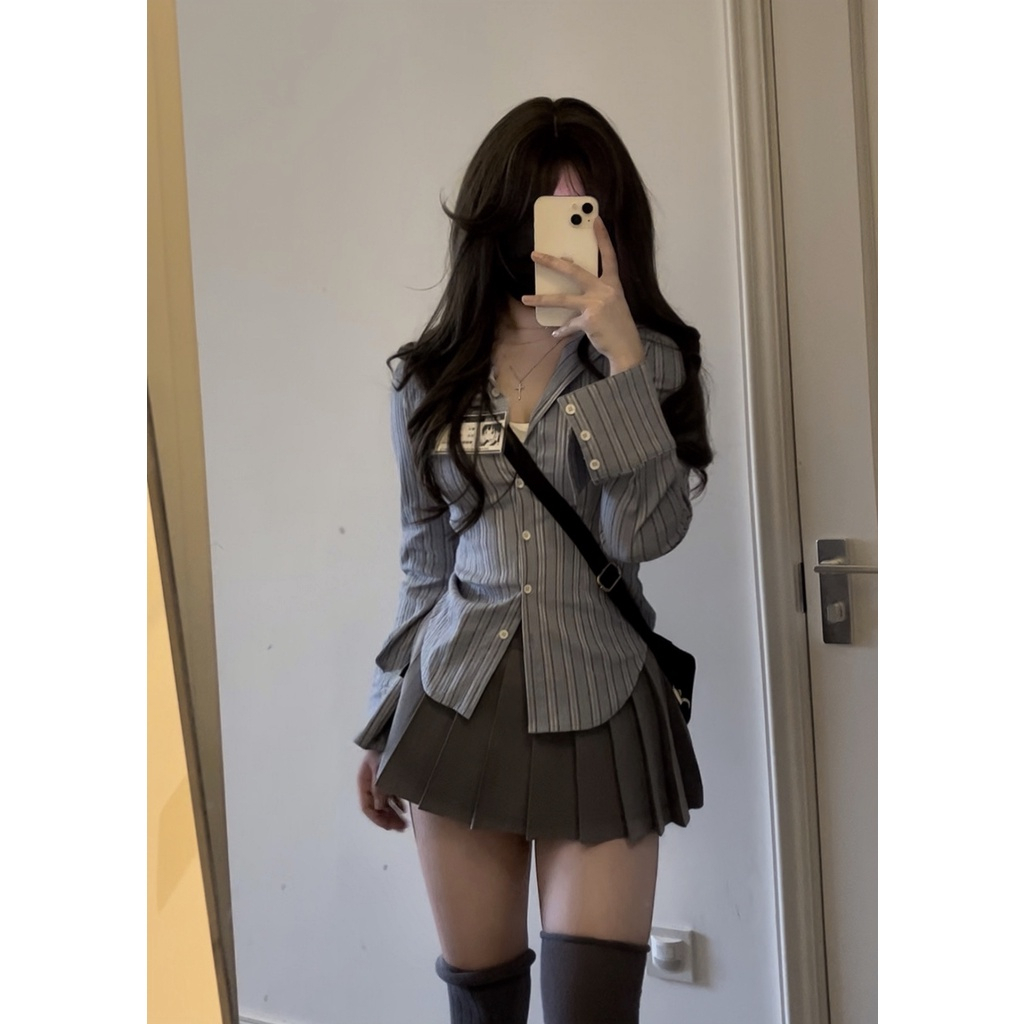 Set Áo Sơ Mi Kẻ Sọc Dài Tay - Áo Sơ Mi + Chân Váy Xếp Ly Mỏng Thường Ngày Cho Nữ