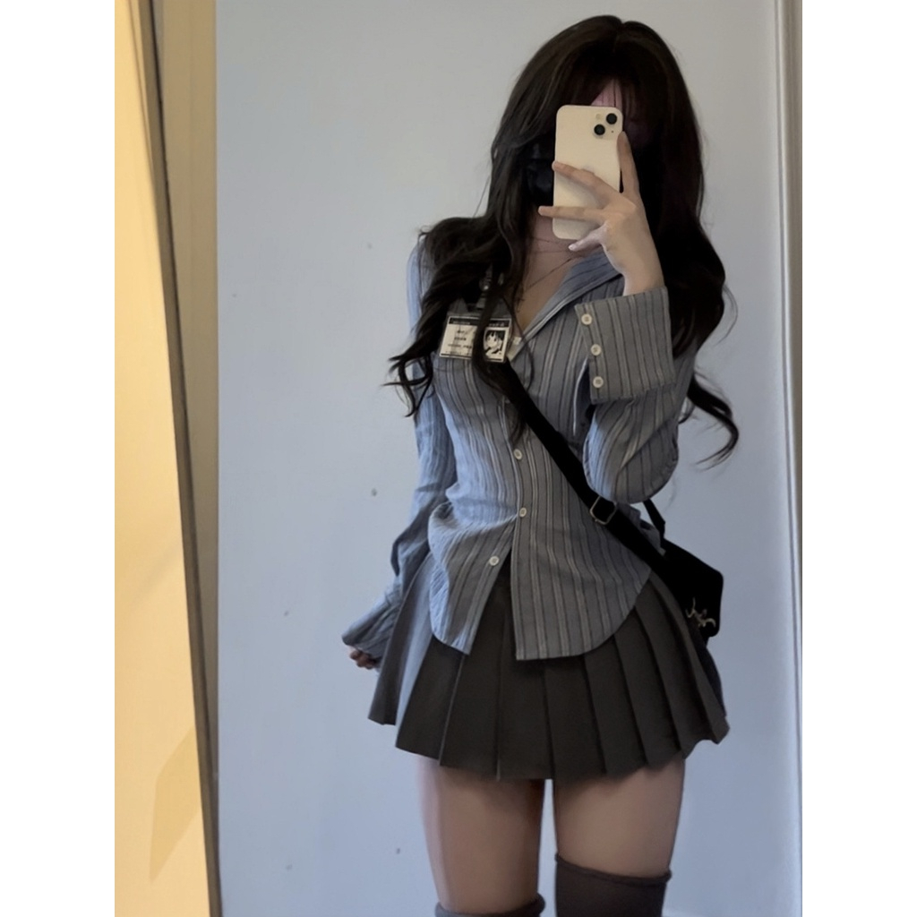 Set Áo Sơ Mi Kẻ Sọc Dài Tay - Áo Sơ Mi + Chân Váy Xếp Ly Mỏng Thường Ngày Cho Nữ