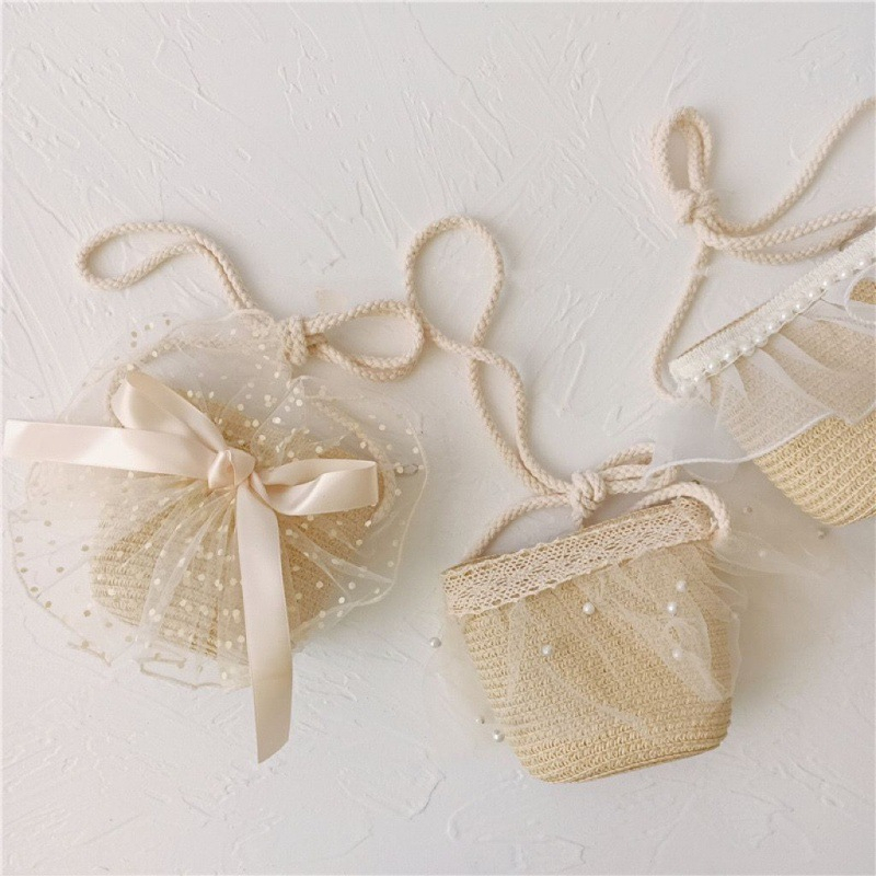 Túi Cói Mini Đính Ngọc Trai Dễ Thương Xinh Xắn Dành Cho Bé