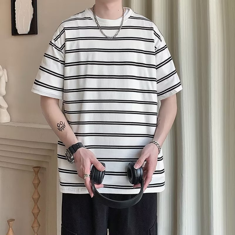 Áo Thun Cotton Ngắn Tay Dáng Rộng Họa Tiết Kẻ Sọc Đơn Giản Thời Trang Mùa Hè Phong Cách Hàn Quốc Cho Nam