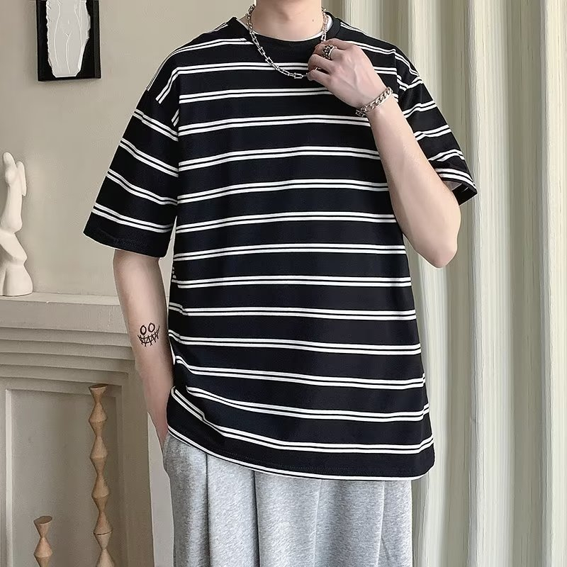 Áo Thun Cotton Ngắn Tay Dáng Rộng Họa Tiết Kẻ Sọc Đơn Giản Thời Trang Mùa Hè Phong Cách Hàn Quốc Cho Nam