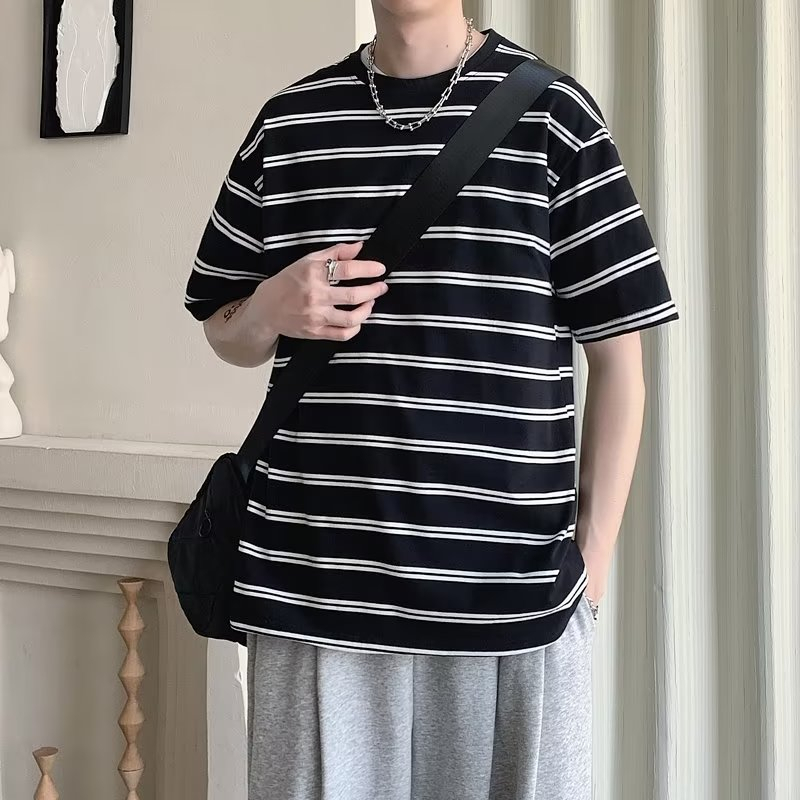 Áo Thun Cotton Ngắn Tay Dáng Rộng Họa Tiết Kẻ Sọc Đơn Giản Thời Trang Mùa Hè Phong Cách Hàn Quốc Cho Nam