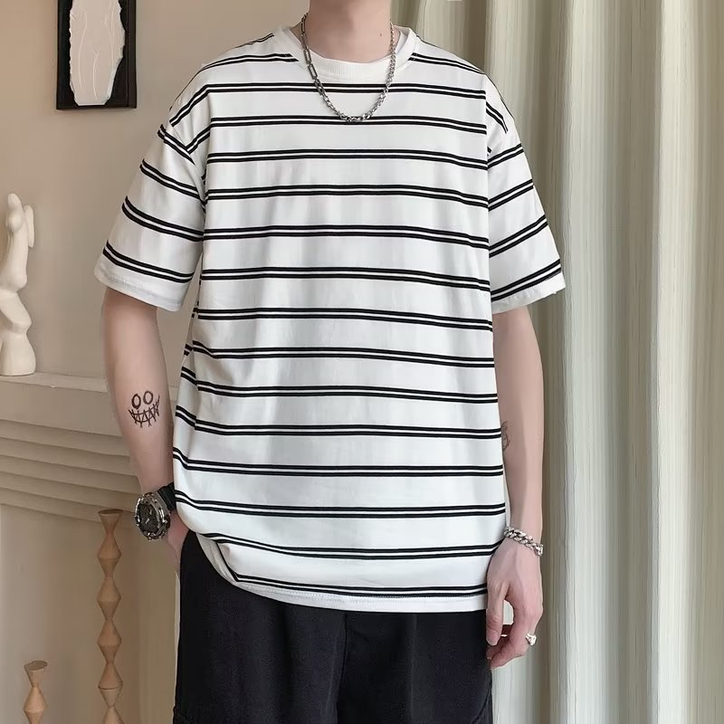 Áo Thun Cotton Ngắn Tay Dáng Rộng Họa Tiết Kẻ Sọc Đơn Giản Thời Trang Mùa Hè Phong Cách Hàn Quốc Cho Nam