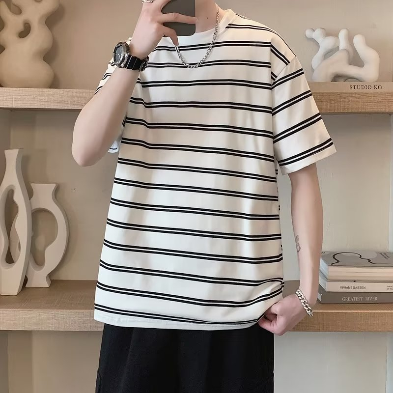 Áo Thun Cotton Ngắn Tay Dáng Rộng Họa Tiết Kẻ Sọc Đơn Giản Thời Trang Mùa Hè Phong Cách Hàn Quốc Cho Nam
