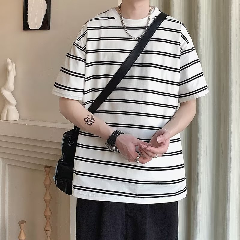 Áo Thun Cotton Ngắn Tay Dáng Rộng Họa Tiết Kẻ Sọc Đơn Giản Thời Trang Mùa Hè Phong Cách Hàn Quốc Cho Nam