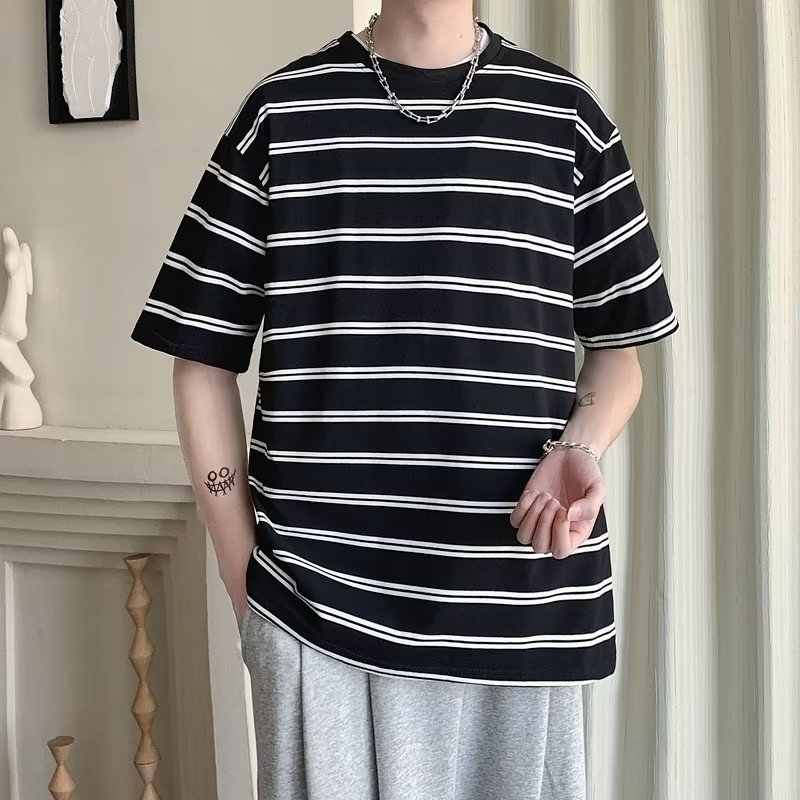 Áo Thun Cotton Ngắn Tay Dáng Rộng Họa Tiết Kẻ Sọc Đơn Giản Thời Trang Mùa Hè Phong Cách Hàn Quốc Cho Nam