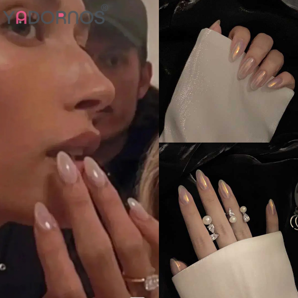 YADORNOS 24 móng tay giả dài nhọn màu ombre ngọc trai hồng mặt bóng bằng acrylic