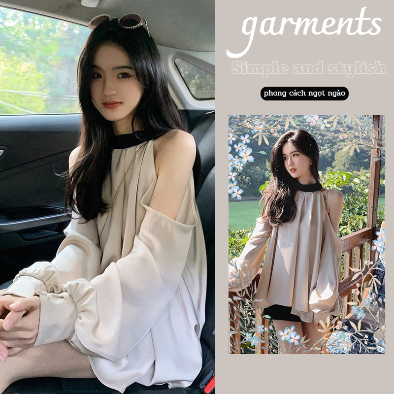 🔥có hàng sẵn🔥Áo kiểu tay dài trễ vai Áo Sơ Mi hở vai Satin Phong Cách Hàn Quốc áo rộng Thời trang nữ mới