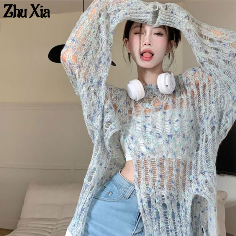 ZhuXia Áo Dệt Kim Tay Dài Chống Nắng Dáng Rộng Lưng Cao Thiết Kế Rỗng Không Đều Cho Nữ