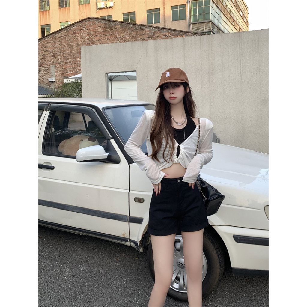 Quần Short Denim Lưng Cao Dáng Ôm Màu Trơn Thời Trang Mùa Hè Hàng Mới Dành Cho Bạn Nữ