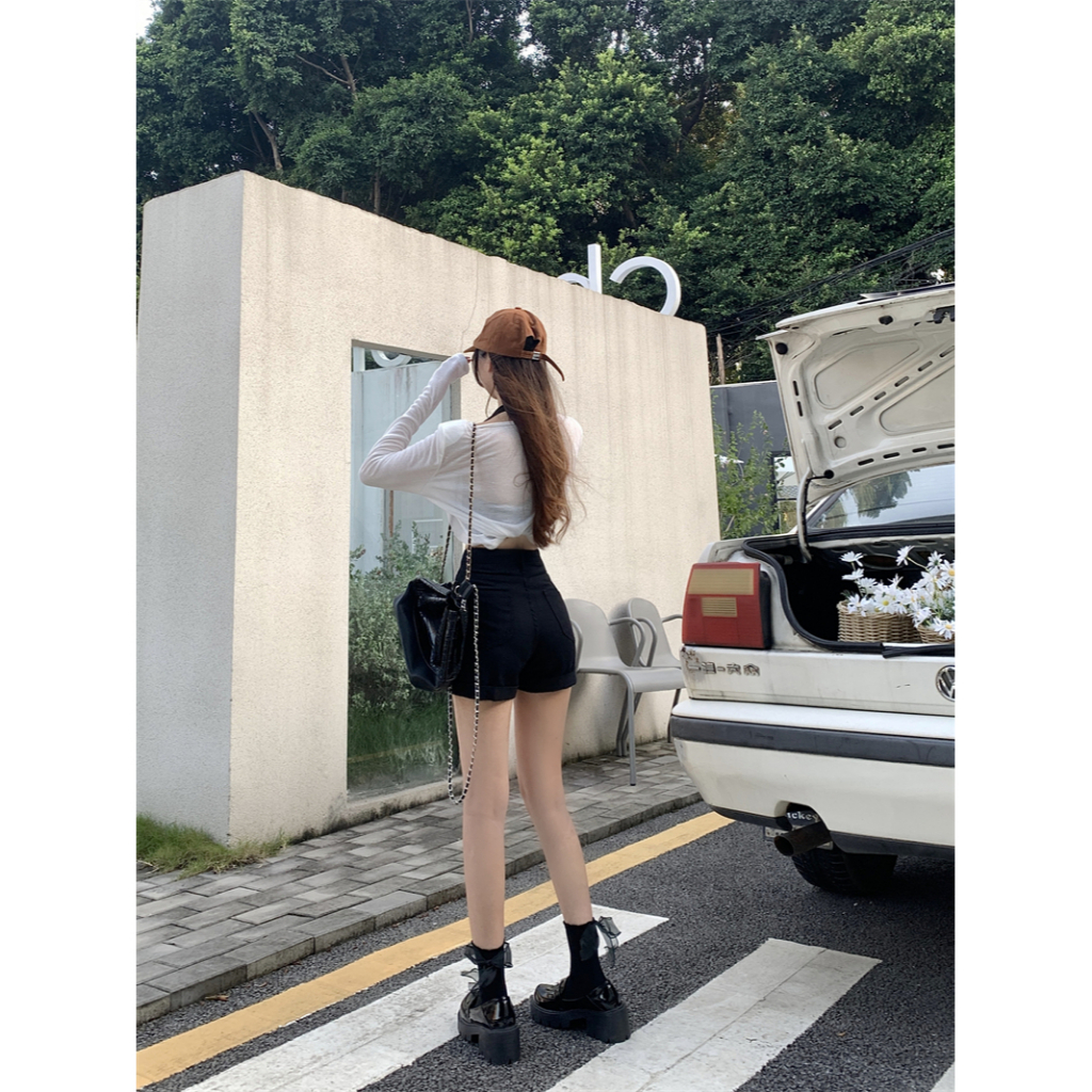 Quần Short Denim Lưng Cao Dáng Ôm Màu Trơn Thời Trang Mùa Hè Hàng Mới Dành Cho Bạn Nữ