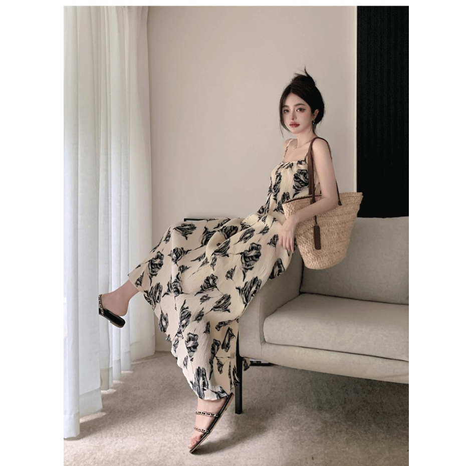 Đầm Hai Dây Dài Qua Gối Dáng Rộng In Họa Tiết Mực Cao Cấp Phong Cách Pháp Thời Trang Mùa Hè Cho Nữ