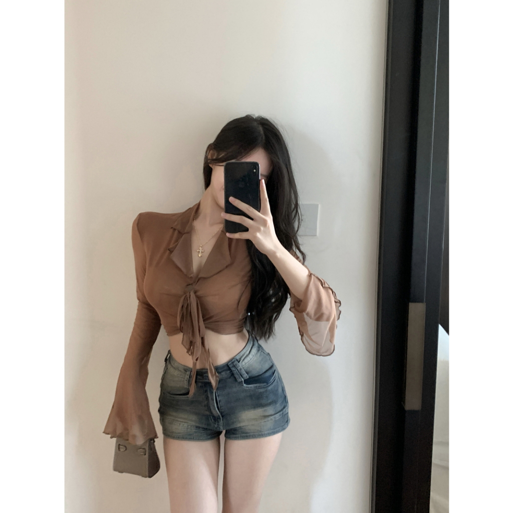 Lalisas Áo Sơ Mi Dài Tay Thiết Kế Không Đồng Đều Có Dây Cột Kiểu Pháp Gợi Cảm Thời Trang Cho Nữ