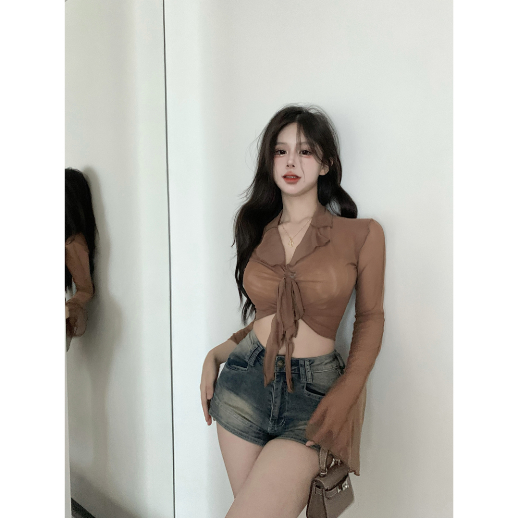 Lalisas Áo Sơ Mi Dài Tay Thiết Kế Không Đồng Đều Có Dây Cột Kiểu Pháp Gợi Cảm Thời Trang Cho Nữ