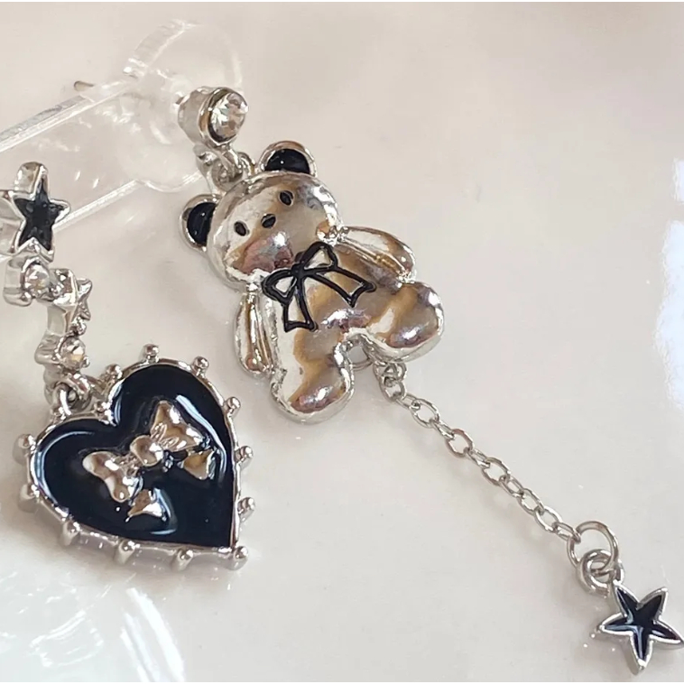 Bông Tai Mạ Bạc 925 Hình Gấu / Ngôi Sao / Trái Tim Kiểu Bất Đối Xứng