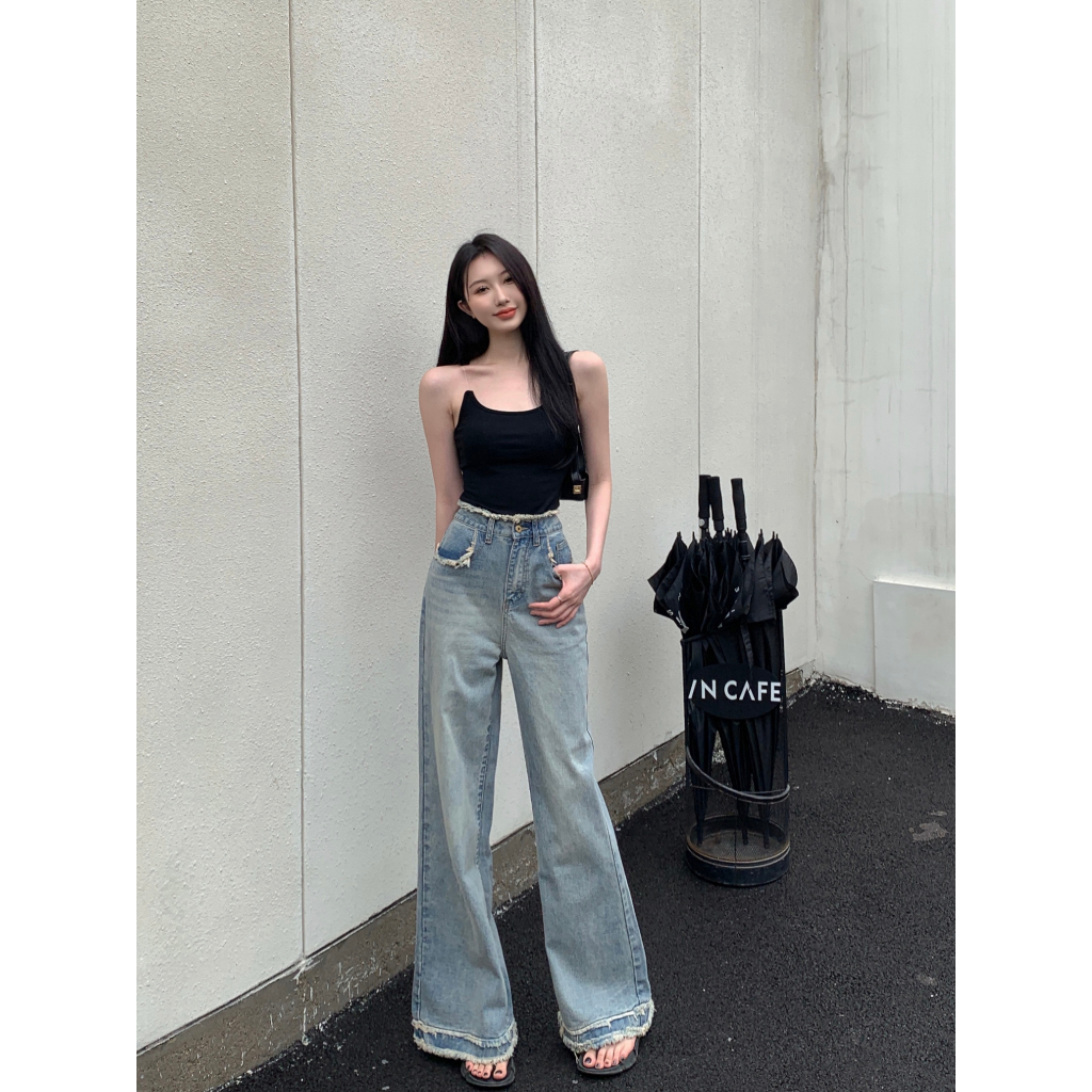 【COLORBLLIND】Set Áo Dây Dệt Kim Ngắn Phối Tua Rua + Quần Dài Ống Rộng Lưng Cao Thời Trang Nữ