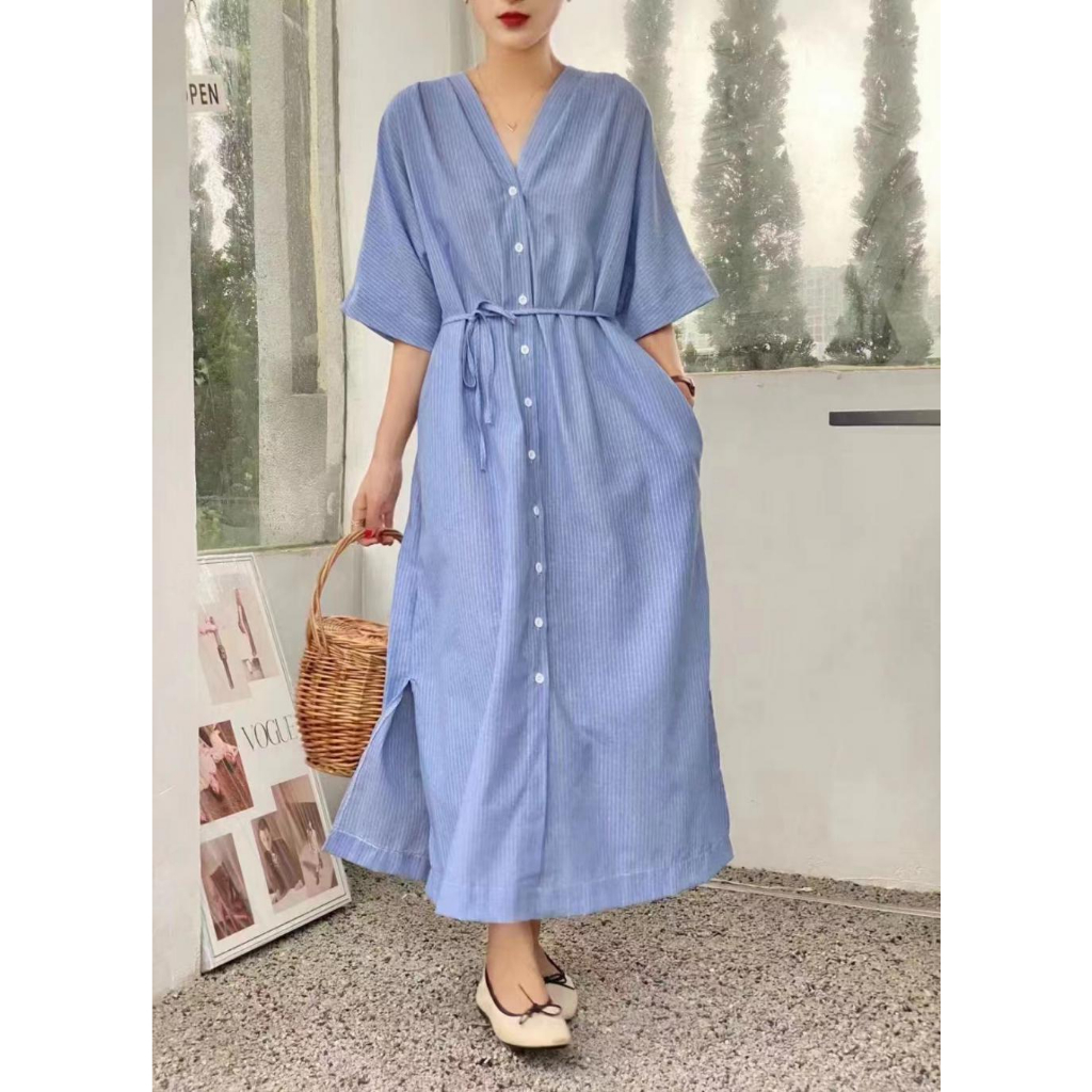 Đầm Maxi Kẻ Sọc Dáng Rộng Phong Cách Vintage Hàn Quốc Hàng Mới