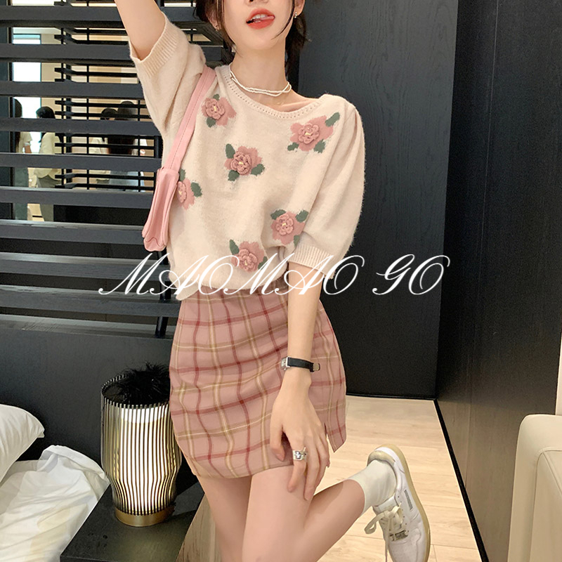 Maomao GO Bộ Áo Dệt Kim Tay Phồng Phối Chân Váy Caro Kiểu Hàn Quốc Ngọt Ngào Cho Nữ