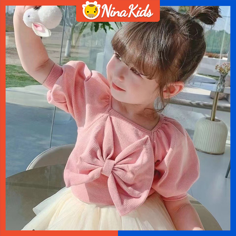 Áo Thun Tay Ngắn Phồng Đính Nơ To Phong Cách Hàn Quốc Thời Trang Cho Bé Gái 1-7 Tuổi