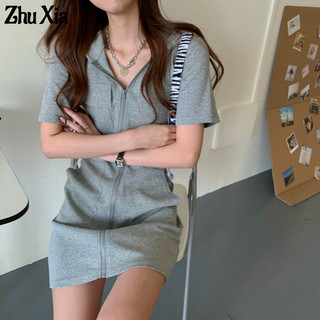 ZhuXia Đầm Tay Ngắn Có Nón Khóa Kéo Dáng Ôm Thời Trang Cho Nữ