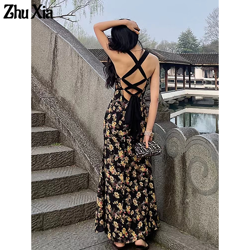 Đầm hai dây ZHUXIA dáng dài họa tiết hoa phong cách cổ điển thời trang mùa hè dành cho nữ