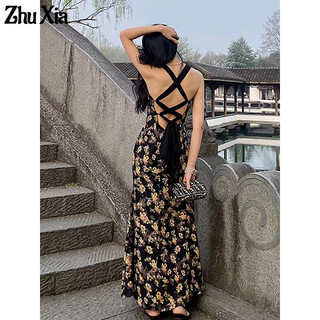 Đầm hai dây ZHUXIA dáng dài họa tiết hoa phong cách cổ điển thời trang mùa hè dành cho nữ