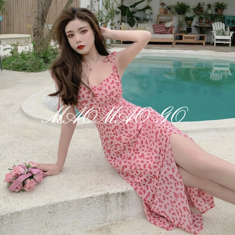 Maomao GO Đầm Hai Dây Dáng Dài Ôm Sát Xẻ Tà Họa Tiết Hoa Phong Cách retro Pháp