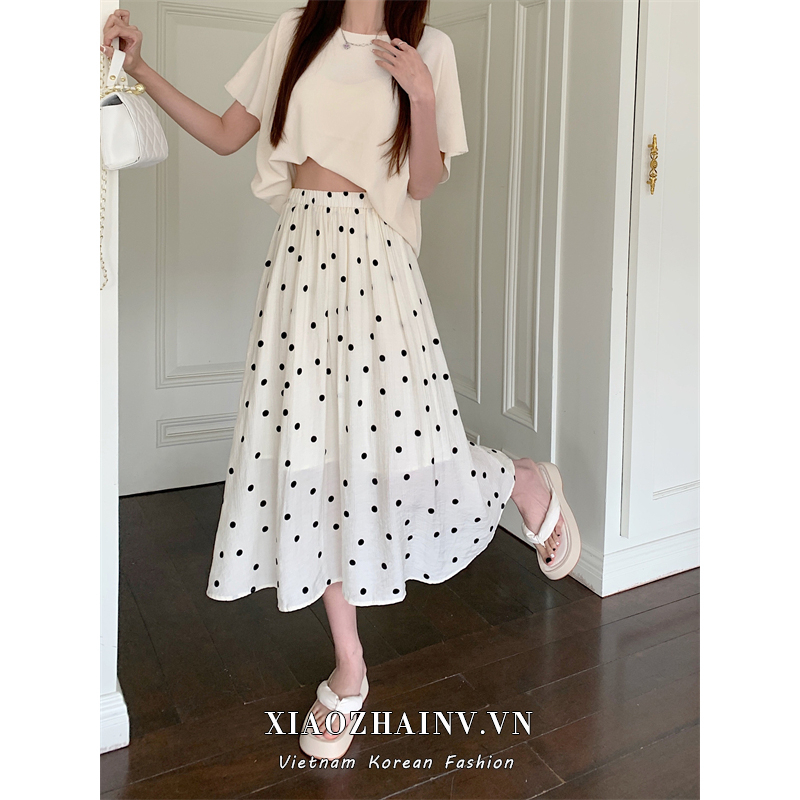 Xiaozhainv Chân Váy Chữ A Lưng Cao Dáng Rộng Họa Tiết Chấm Bi Thời Trang Mùa Hè Phong Cách Hàn Quốc Cho Nữ